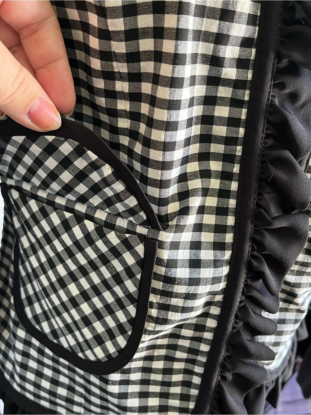 🇨🇦 RIBKOFF Vintage Gingham Ruffle Trim Blazer Jacket Black White Romantic Goth - Picture 5 of 6